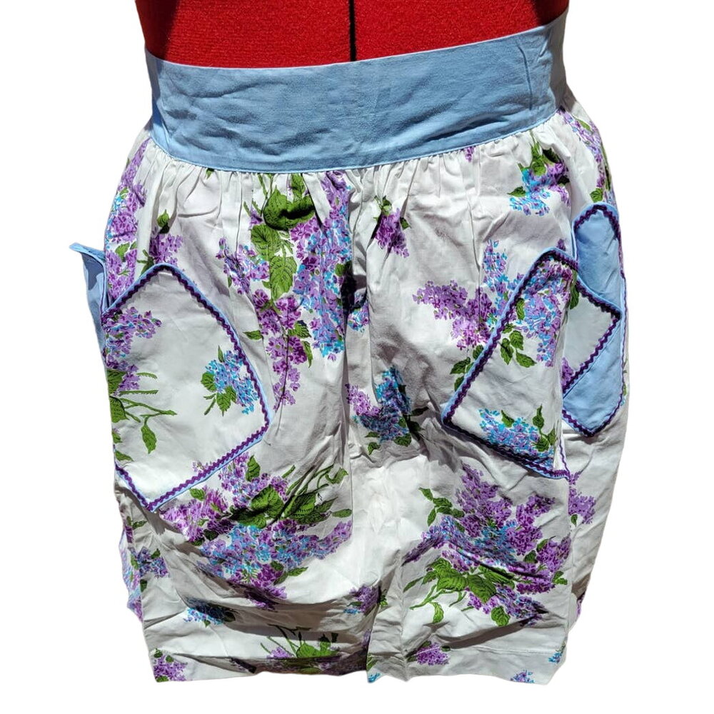 Vintage Half Apron Lilacs 2 Pockets Purple Blue Flowers Retro Sexy MCM Hostess